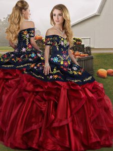 Embroidery and Ruffles Vestidos de Quinceanera Red And Black Lace Up Sleeveless Floor Length
