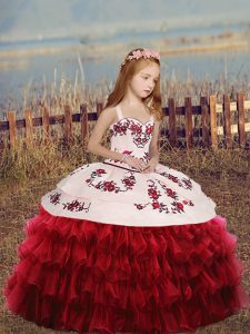Trendy Long Sleeves Lace Up Floor Length Embroidery and Ruffled Layers Little Girl Pageant Gowns