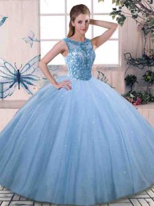 Sleeveless Floor Length Beading Lace Up Quince Ball Gowns with Blue