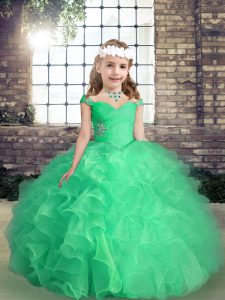 Custom Made Apple Green Ball Gowns Organza Straps Sleeveless Beading and Ruffles and Ruching Floor Length Lace Up Kids Pageant Dress
