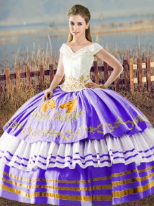Captivating White And Purple Satin Lace Up Sweet 16 Dresses Sleeveless Floor Length Embroidery and Ruffled Layers