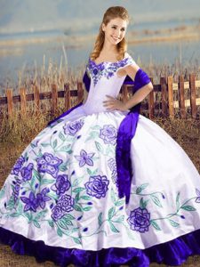 Smart Ball Gowns Sweet 16 Dresses White And Purple Off The Shoulder Satin and Organza Sleeveless Floor Length Lace Up
