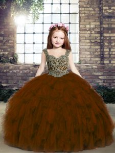 Brown Straps Lace Up Beading and Ruffles Custom Made Pageant Dress Sleeveless
