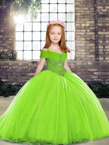 Tulle Lace Up Pageant Dress for Girls Sleeveless Brush Train Beading