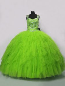 Ball Gowns Straps Sleeveless Tulle Floor Length Lace Up Beading and Ruffles Quinceanera Gowns