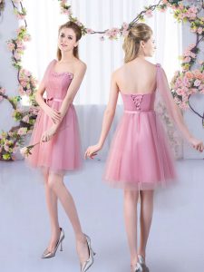 Trendy Mini Length Pink Quinceanera Court of Honor Dress Tulle Sleeveless Appliques and Belt