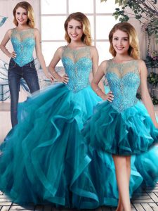 Scoop Sleeveless Quince Ball Gowns Floor Length Beading and Ruffles Aqua Blue Tulle