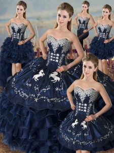 Navy Blue Sweetheart Neckline Embroidery and Ruffles Sweet 16 Dress Sleeveless Lace Up