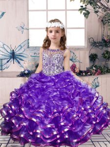 Sleeveless Floor Length Beading and Ruffles Lace Up Child Pageant Dress with Lavender