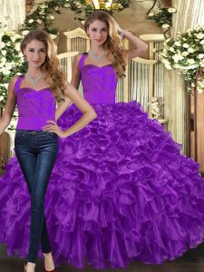 Captivating Halter Top Sleeveless Lace Up Quinceanera Gowns Purple Organza
