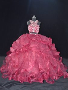 Attractive Scoop Sleeveless Organza 15 Quinceanera Dress Beading and Ruffles Brush Train Backless
