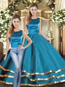 High Quality Teal Two Pieces Scoop Sleeveless Tulle Floor Length Lace Up Ruffled Layers Ball Gown Prom Dress