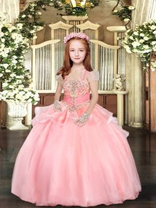 Pink Ball Gowns Straps Sleeveless Organza Floor Length Lace Up Beading and Ruffles Kids Pageant Dress