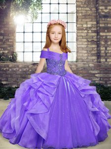 Lavender Sleeveless Floor Length Beading and Ruffles Lace Up Pageant Dress