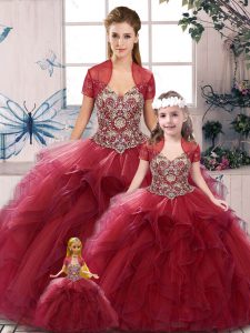 Vintage Beading and Ruffles Quinceanera Gowns Burgundy Lace Up Sleeveless Floor Length