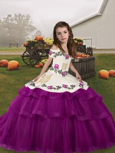 Sophisticated Purple Straps Lace Up Embroidery and Ruffled Layers Little Girls Pageant Gowns Sleeveless