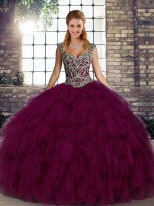 Great Floor Length Lace Up Quinceanera Gowns Dark Purple for Military Ball and Sweet 16 and Quinceanera with Beading and Ruffles