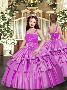 Lilac Sleeveless Floor Length Beading and Ruffled Layers Lace Up Kids Formal Wear