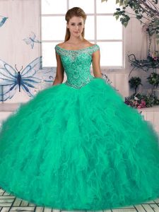 Superior Brush Train Ball Gowns Quinceanera Gown Turquoise Off The Shoulder Tulle Sleeveless Lace Up
