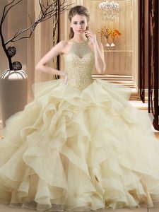 Champagne Ball Gowns Beading and Ruffles Ball Gown Prom Dress Organza Sleeveless