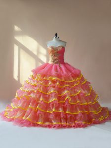Modern Beading and Ruching Quinceanera Gown Pink Lace Up Sleeveless
