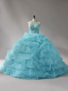 Spectacular Aqua Blue Sweet 16 Dress Organza Court Train Sleeveless Beading and Pick Ups
