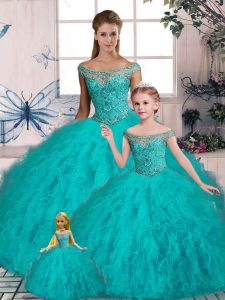 Aqua Blue Ball Gowns Tulle Off The Shoulder Sleeveless Beading and Ruffles Lace Up 15th Birthday Dress Brush Train
