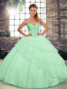 Modern Sleeveless Brush Train Beading and Ruffled Layers Lace Up Quince Ball Gowns
