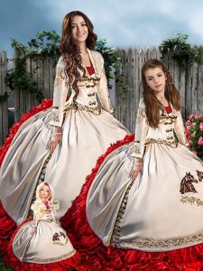 Sweet Floor Length Lace Up Quinceanera Dresses White And Red for Sweet 16 and Quinceanera with Embroidery