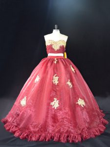 Red and Burgundy Ball Gowns Organza Sweetheart Sleeveless Appliques Zipper Quinceanera Gown