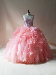 Pink Lace Up Quinceanera Dress Beading and Ruffles Sleeveless Floor Length