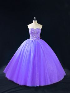Lavender Ball Gowns Sweetheart Sleeveless Tulle Floor Length Lace Up Beading Quinceanera Dresses