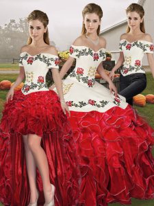 Flare White And Red Organza Lace Up Off The Shoulder Sleeveless Floor Length 15th Birthday Dress Embroidery and Ruffles
