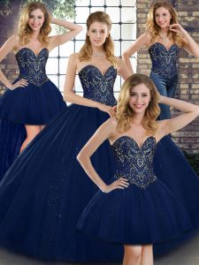 Navy Blue Sweetheart Lace Up Beading 15 Quinceanera Dress Sleeveless