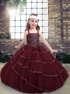 Fine Straps Sleeveless Lace Up Pageant Dress Wholesale Burgundy Tulle