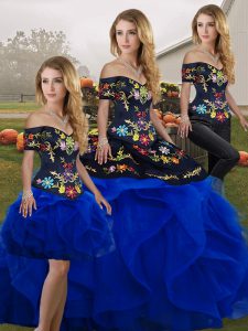 Fantastic Royal Blue Lace Up Ball Gown Prom Dress Embroidery and Ruffles Sleeveless Floor Length