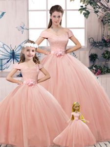 Customized Pink Tulle Lace Up 15th Birthday Dress Short Sleeves Floor Length Lace and Hand Made Flower