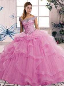 Floor Length Rose Pink Sweet 16 Dress Off The Shoulder Sleeveless Lace Up