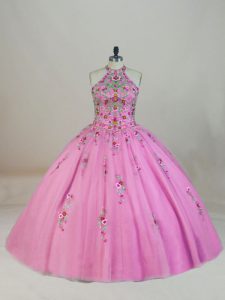 Delicate Lace Up Quinceanera Gowns Rose Pink for Sweet 16 and Quinceanera with Appliques and Embroidery Brush Train