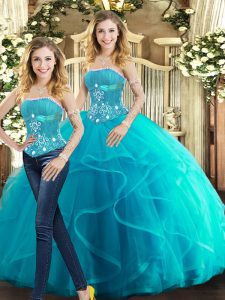 Modest Aqua Blue Strapless Neckline Beading and Ruffles Ball Gown Prom Dress Sleeveless Lace Up