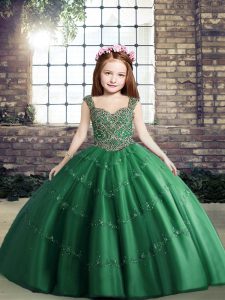 Fitting Dark Green Sleeveless Beading Floor Length Custom Made Pageant Dress