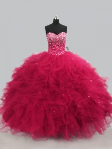 Sumptuous Hot Pink Tulle Lace Up Sweetheart Sleeveless Floor Length Sweet 16 Dresses Beading and Ruffles