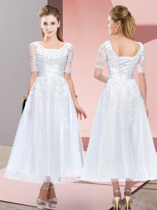 Latest Short Sleeves Tea Length Beading and Lace Lace Up Damas Dress with White