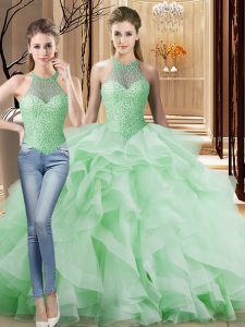 Luxurious Lace Up Quince Ball Gowns Apple Green for Sweet 16 and Quinceanera with Beading and Ruffles Brush Train