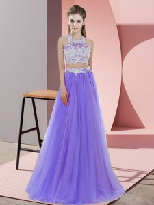 Sleeveless Floor Length Lace Zipper Quinceanera Court of Honor Dress with Lavender