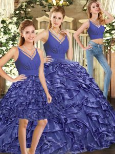 Adorable Brush Train Ball Gowns Quinceanera Gown Lavender V-neck Organza Sleeveless Floor Length Backless
