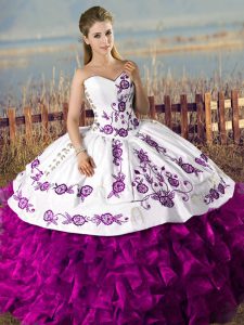 White And Purple Sweetheart Neckline Embroidery and Ruffles 15th Birthday Dress Sleeveless Lace Up