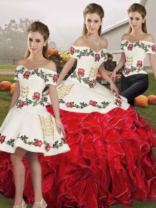 Floor Length White And Red 15th Birthday Dress Off The Shoulder Sleeveless Lace Up