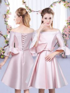 Sophisticated Baby Pink A-line Satin Off The Shoulder 3 4 Length Sleeve Bowknot Mini Length Lace Up Dama Dress for Quinceanera