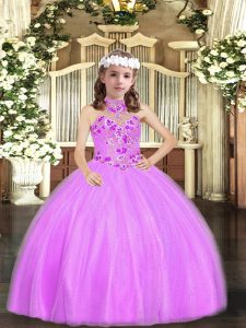 Tulle Halter Top Sleeveless Lace Up Appliques Little Girls Pageant Gowns in Lilac